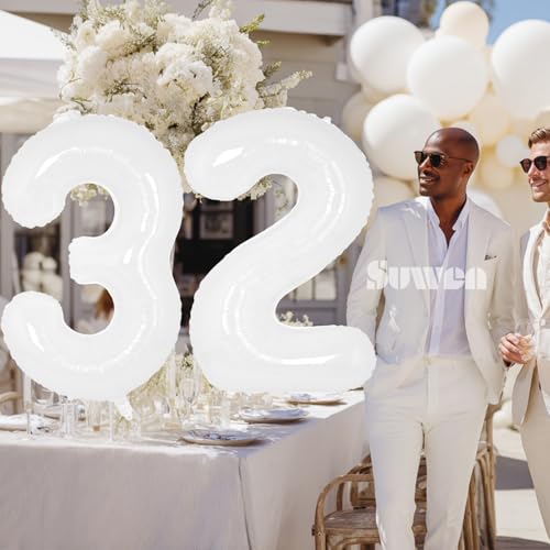 Image of SUWEN 40 Inch White Large 32 Balloon Number Big Foil Helium Numbers 0-9 | Giant Jumbo Happy 32nd Birthday Party Decorations for Men or Women Huge Mylar 23 Anniversary Party Supplies