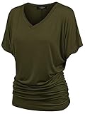 MBJ WT1037 V Neck Short Sleeve Dolman Top with Side Shirring L OLIVE
