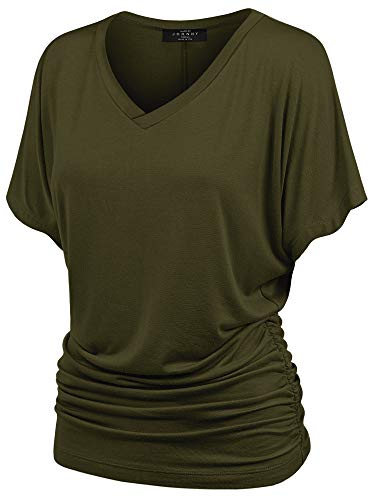 Made By Johnny MBJ WT1037 V Neck Short Sleeve Dolman Top with Side Shirring L Olive