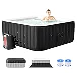 4-6 Person Inflatable Hot Tub, Large Square Portable Blow up Hot Tub, Leak-Proof PVC Outdoor Spa with 130 Air Jets, Insulated Cover and Heater Pump, 73” X 73”X 25”