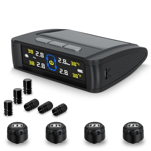 VAMOTA RV Tire Pressure Monitoring System, Tire Pressure Monitor with Solar Charge &USB, Car TPMS with 4 Sensors and 6 Alarm Modes, Real-time Color LCD Display for RV/Trailer/Truck/SUV