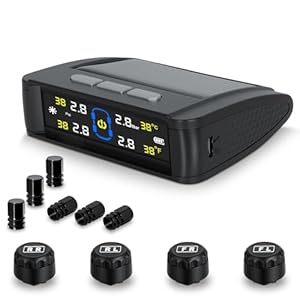 RV Tire Pressure Monitoring System, Tire Pressure Monitor with Solar&USB Charge, Car TPMS with 4 Sensors and 6 Alarm Modes, 0–98PSI Real-time Color LCD Display for RV/Trailer/Truck/SUV