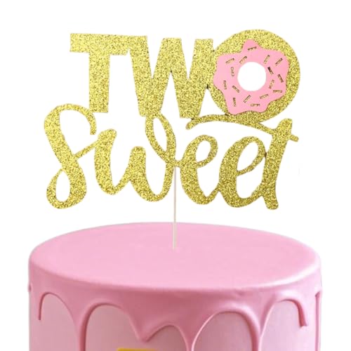 ALISSAR Double Sided Glitter Two Sweet Cake Topper with Donut, Cake Topper for 2th Second Birthday Party Supplies