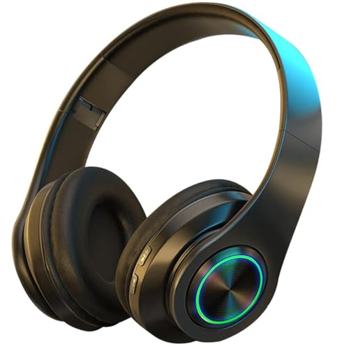 Bluetooth Headphones Over Ear Foldable Wireless Headset Colorful LED Lights Noise Cancelling Headphones Volume Control Wired and Wireless Modes Built in Mic for Phones TV PC