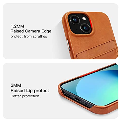 Luckycoin For Iphone 13 Leather Case Vintage Genuine Leather With Card Holder Card Slot Shock-Absorbent Protective Case Metal Button Compatible With 2021 New Apple Iphone 13 6.1 Inch - Tan #TOP3