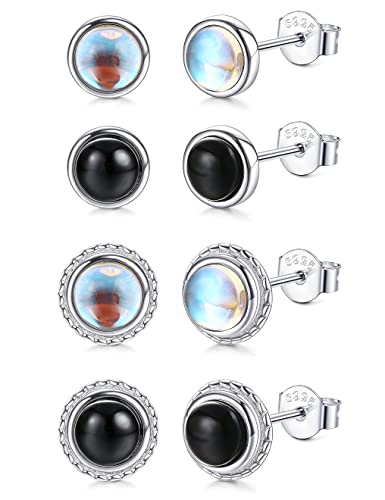 Chriscoco 4Paar 925 Sterling Silber Mondstein Ohrringe für Damen Mädchen Opal Mondstein Edelsteine Ohrringe Türkis Schwarzer Stollen Ohrringe Hypoallergen 4mm Cover