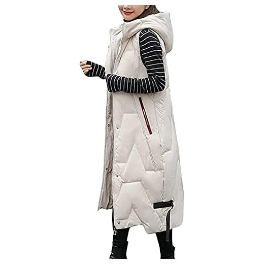 Dunväst dam lång vinterkappa väst med huva väst kappa ärmlös varm dunjacka med fickor quiltad väst kvinnor dunjacka quiltad jacka utomhus (Color : White, Size : M)