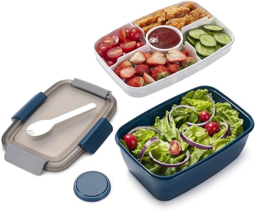MINIMARG Salad Lunch Box – Large Salad Bowl with Lid, BPA-Free |3-Compartment Bento Box Microwave Safe – Yumbox Style Salad Bowl with Dressing Containers, Built-in Reusable Spoon (Blue, XL-2.0L)