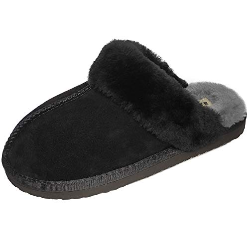 Hausschuhe Damen Schaffell Slipper Frauen 100% Lammfell Plüsch Winter Warm Atmungsaktiv Pantoffeln Fell Schuhe Braun Schwarz Grau Größe 36-42EU,BK-39 Cover