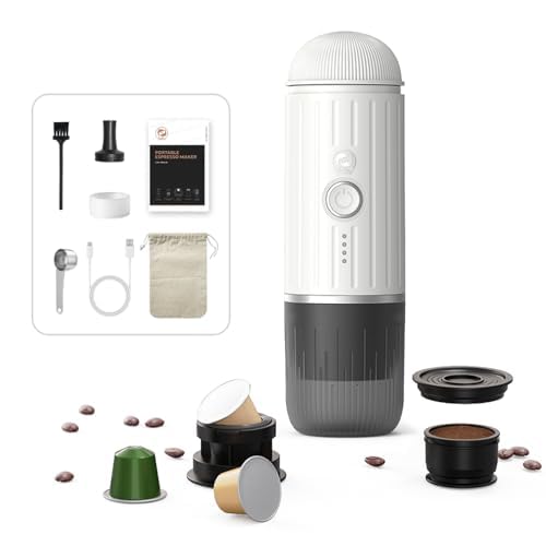 Máquina espresso portátil, carga USB-C, compatible con cápsulas de café y café molido, ideal para viajes y hogar (blanco)