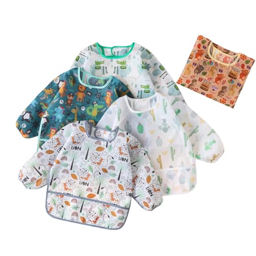 HaimoBurg Lot de 5 Etanche Bavoir à Manches Longue pour Bébé alimentation Imperméable Blouse Tablier 3 a 24 Mois (5 Pcs Set C)