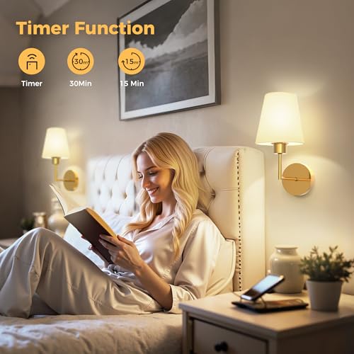 Image of DORESshop Battery Operated Wall Sconce Set of 2, Wall Light Wireless Easy to Install, Dimmable and Adjustable Sconces Wall Decor, Rechargeable Wall Lamp for Bedroom, Living Room, Gold 13.8in