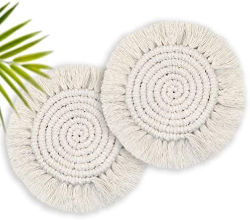 Coasters for Drinks Absorbent, Boho Coasters for Wooden Table, Farmhouse Drink Coaster Set for Kinds of Mugs and Cups, Cute Macrame Coasters for Housewarming Gift, 2PCS Round, Beige