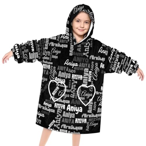 Custom Wearable Blanket Hoodie for Girls Boys, Personalized Oversized Wearable Blanket with Pocket, Fleece Sweatshirt Blanket for Kids Christmas Gifts, Dense Text Black