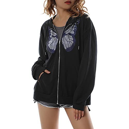 Bellezasourire Damen Kapuzenjacke Kapuzenpullover Schmetterling Gedruckt Hoodie Reißverschluss Langarm Y2K Jacke mit Tasche(S,Schwarz 1) Cover