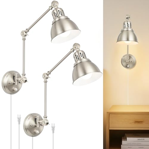 Image of 2 Pack Plug in Wall Sconces, Dimmable On Off Switch, Swing Arm Wall Lamps, Wall Sconces Set of Two, Brushed Nickel Metal Industrial, Plug-in or Hardwired (Brushed Nickel, without Bulbs+Remote)