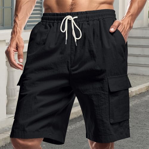 Image of Mens Linen Shorts Casual Drawstring Elastic Waist Cargo Vacation Lightweight Breathable Summer Beach Shorts for Men