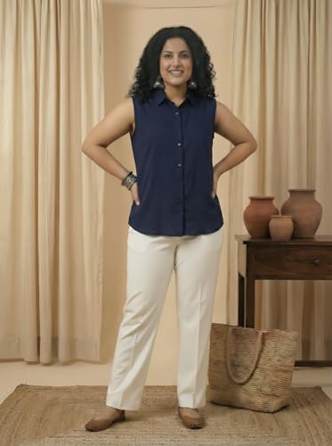 Image of Women Plus Size Sleeveless Button Down Shirt Polyester Formal Office Casual Wear Classic Fit Professional Shirt