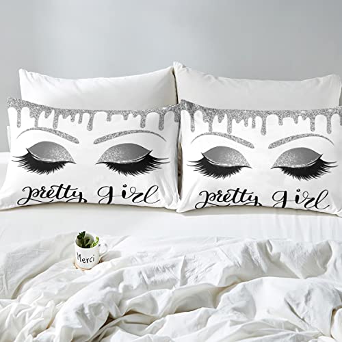 Pretty Girls Bedding Sets Double Women Gorgeous Eyelash Comforter Cover Silver White Glitter Bling Stars Sequins Decor Duvet Cover Aesthetic Room Decor,Stylish Fashion Quilt Cover 2 Pillow Cases - Image 4
