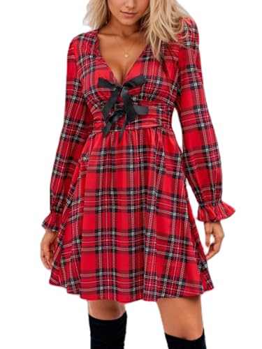 SANSIWU Damen Weihnachtskleid, kariert, Puffärmel, V-Ausschnitt, Schleife, gesmokt, A-Linie, kurze Kleider für Urlaub, Weihnachten, Party, rot (a),...