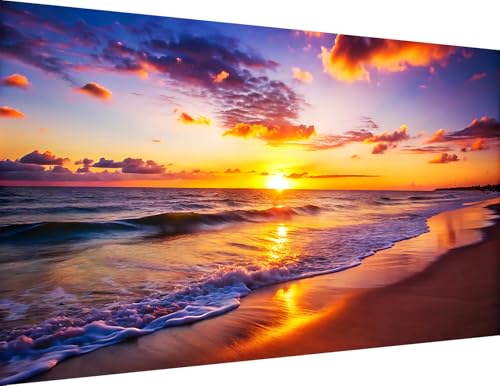 igoodom Large Diamond Painting, Large Sunset Beach Diamond Art Kits for Adults, Full Drill Round Big Diamond Painting, DIY Gem Art and Crafts for Home Wall Decor Gift 27.5 X 15.7inch