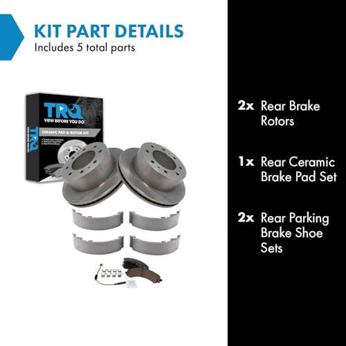 Image of TRQ Rear Brake Pad and Rotor Kit Brake Pads Rotor Parking Shoe Set Ceramic Compatible with 2020-2022 Chevrolet Silverado 2500 HD Silverado 3500 HD GMC Sierra 2500 Sierra 3500