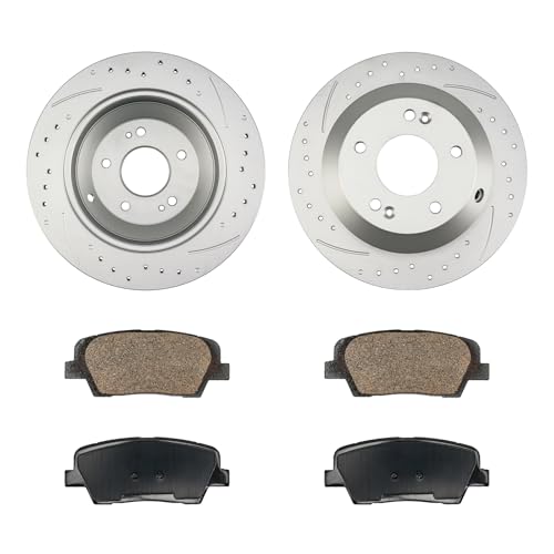 Image of KAX Rear Brake Kit, Drilled and Slotted Brake Rotors, Ceramic Brake Pads | Fits Kia Sorento 2016-2019, Hyundai Santa Fe Sport 2017-2018, Hyundai Santa Fe 2017-2018, Hyundai Santa Fe XL 2019