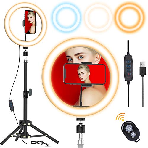 Selfie Ring Light 10" with Tripod Stand & Cell Phone Holder LED Circle for Desk Photography/Live Streaming/Makeup/Vlogging, Dimmable Desktop Ring Light for YouTube/Tiktok Video Compatible with Phones
