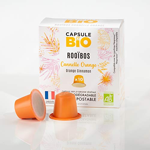 CAPSUL&BIO Thé Rooibos à l'orange et à la cannelle - 10 Capsules Biodégradables - Compatibles avec les machines Nesspresso - 100% Végétales - Rapide et sain - Fabrication Française