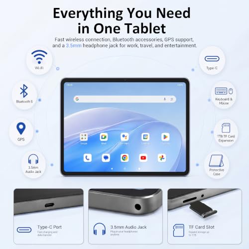 Image of 10.1 inch Android 16 Tablet with Keyboard, 30GB +64GB, 2-in-1 Tablet | Octa-Core, 1280x800 IPS HD Touchscreen, 6000mAh, 1TB Expand, Dual Camera, Widevine L1, 5G WiFi, BT5.0, GPS, Eye Care, Black