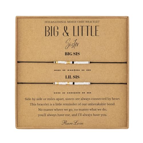 RareLove 2PCS Big Sister Little Sister Matching Bracelets Sister Morse Code Beaded Bracelet for Women,Sister Bracelets for 2,Matching Sister Bracelets,Black White Gold Pony Seed Tiny Beads, 12MSE1101