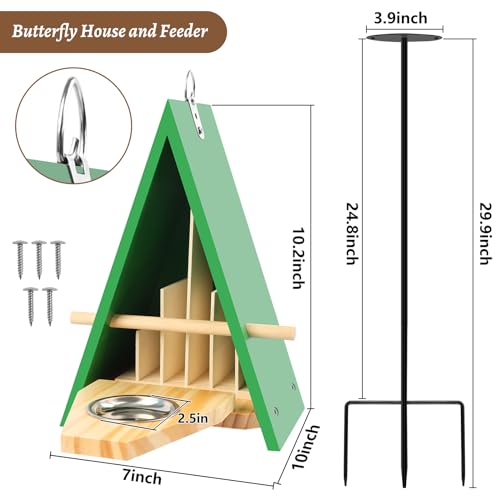 Image of New Butterfly House and Feeder for Outside, Wooden Butterfly House with Metal Stake for Garden, Natural Butterfly Habitat with Butterfly Puddler on The Floor or Hanging on Tree Wall