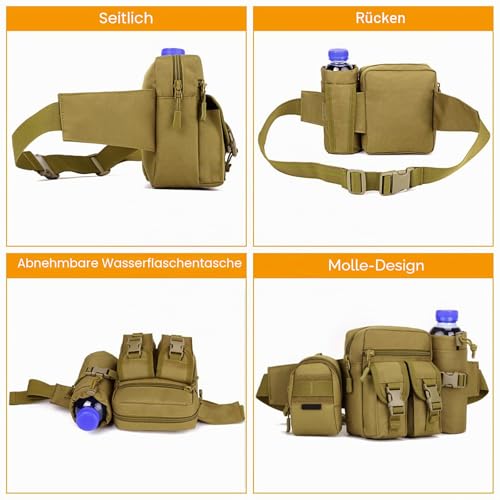 Huntvp Taktisch Hüfttasche mit Flaschenhalter Militärisch Bauchtasche Wasserdicht Gürteltasche MOLLE Wasserflasche Halter Multifunktional für Damen Herren Wandern Laufen Camping Trekking, Braun