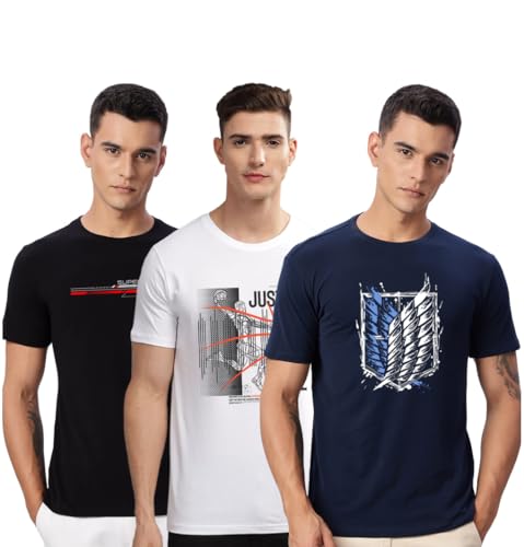 Image of ADRO 100% Cotton Lycra Tshirts for Men Combo Pack of 3 | Regular Fit | Printed T Shirt | Round Neck Half Sleeve| Mens Tshirts