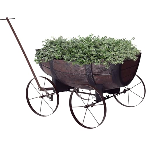 Faboer Wagon Wheeley Planter Decorative Flower Cart Stand With Handle & Wheels – Garden Planter Outdoor Wheelbarrow Herbs Pot For Outdoor Garden Patio Decor