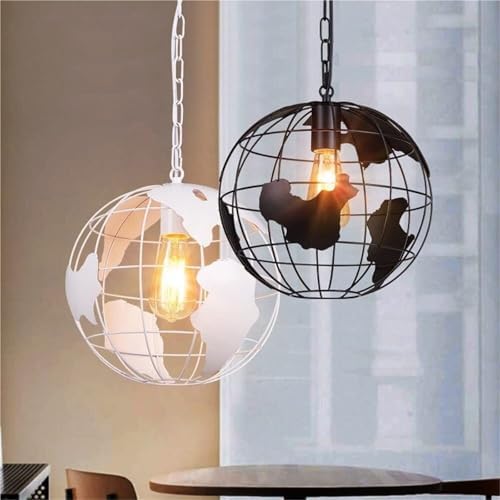 Vinta Industrial Globe Light Fixture, World Map Metal nt Lamp, 1m Hanging Chain, Modern Chlier for Living Room & Dining Room (Black)