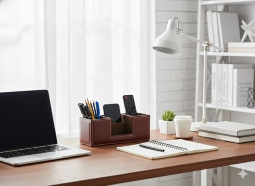 Image of LUVYANSH Pen Stand Compact Desk Organiser Faux Leather Rectangular Stylish Design Use for Storage | Home | Kitchen | Make Up | Card | Mobile | Stationary (Brown)