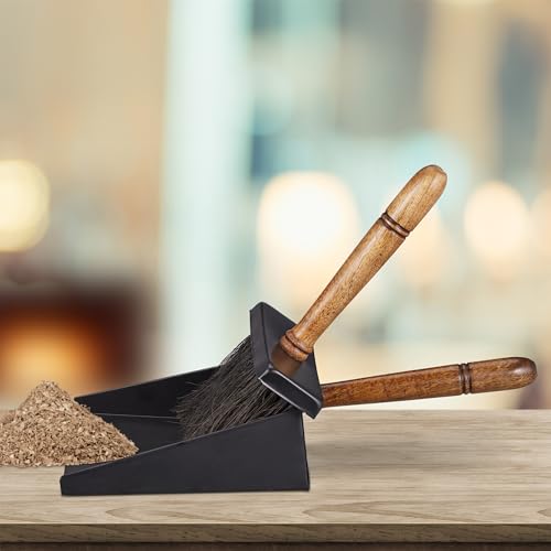 Relaxdays Kehrgarnitur für Kaminofen, Kehrblech & Handfeger, Eisen und Holzgriff, Juteborsten, Kaminset, schwarz/braun – Bild 3