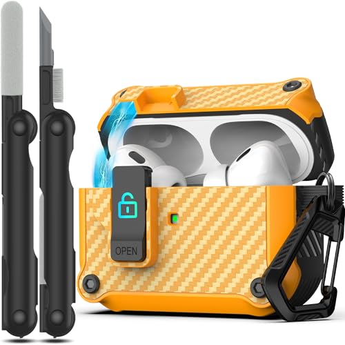 Custodia Compatibile con AirPods Pro 2 Pop-up Automatica in Fibra di Carbonio con Clip di Blocco di Sicurezza Protettiva Rigida Antiurto giallo