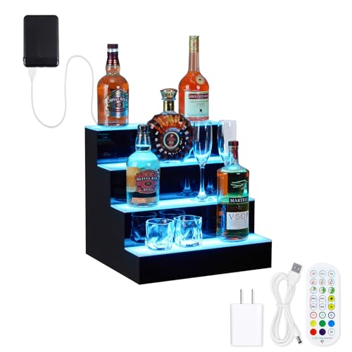 LED Lighted Liquor Bottle Display Shelf, 4 Tiers 16 Inch Lighted Liquor Shelf with Remote & App Control, and Multi-Color Lighting, Bar Bottle Display Shelf for Liquor Shelves