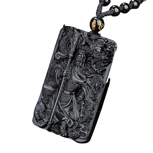 Collier talisman Feng Shui obsidienne noire argent chance fortune pendentif Guan Gong
