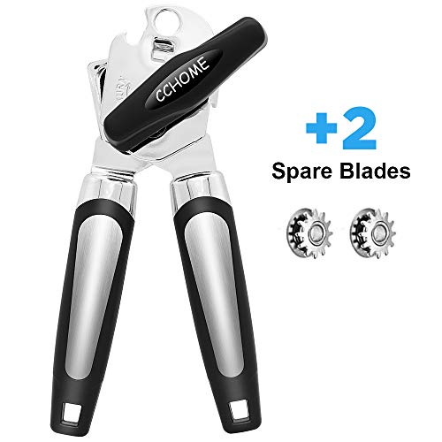 Manual Can Openers,CCHOME Stainless Steel Manual Tin Opener with Ergonomic Anti Slip Grip Handle, Built-in Bottle Opener,Smooth Ultra Sharp Cutting Tools with 2 Spare Blades