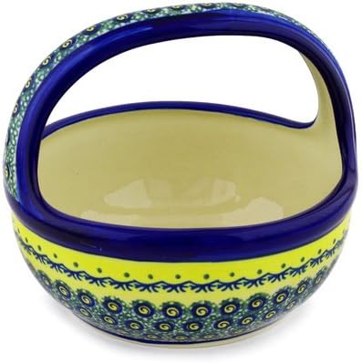 Polmedia Polish Pottery Basket with Handle - Peacock Bumble Bee Pattern Handmade in Boleslawiec Poland + Certificate of Authenticity