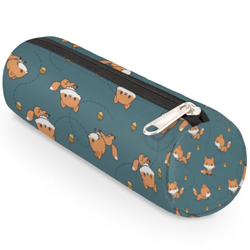 Image of Playful Baby Foxes Canvas Pencil Case Bag, Cute Fox Cylinder Zippe Pencil Case Storage Pouch Simple Stationery Bag for Middle High School Office College Student