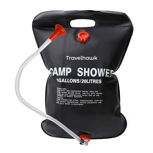 TravelHawk Doccia da campeggio, 20 l, soffione da giardino con tubo, doccia solare per campeggio, attività all'aperto, viaggi, sacco d'acqua, doccia da viaggio, doccia mobile, riscaldamento solare