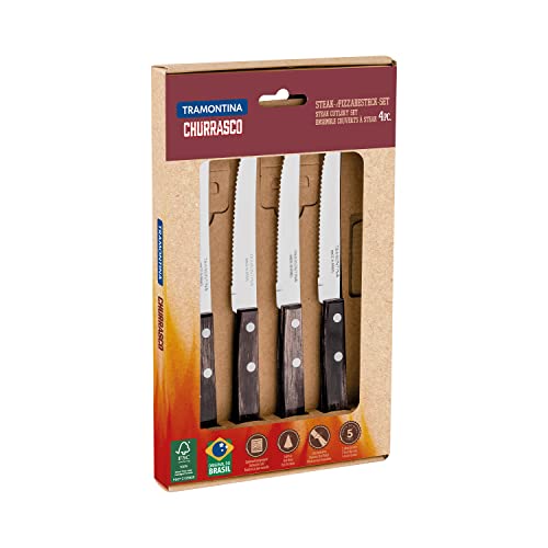 Tramontina - Juego de Cuchillos Churrasco, para Asado, en Acero Inoxidable y Mangos de Madera Polywood en Color Castaño, Cubiertos con Remaches de Acero Inox, 4 Piezas, Tamaño de 5