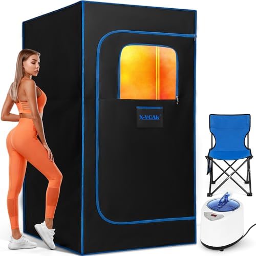 X-Vcak Portable Sauna Box, Steam Sauna Tent for Home with Steamer, Remote Control, Folding Chair, 9 Levels, 2.6’ x 2.6’ x 5.9’