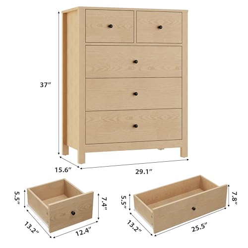 Natural Oak 5-Drawer Dresser for Bedroom Storage