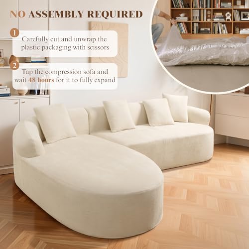 Image of 99 inch Curved Sectional Sofa, Beige, Left Chaise+Right Sofa | Modern Boneless Couch, Deep Seat, L Shaped 3-Seater Cloud Couch, No Assembly Needed, Chenille