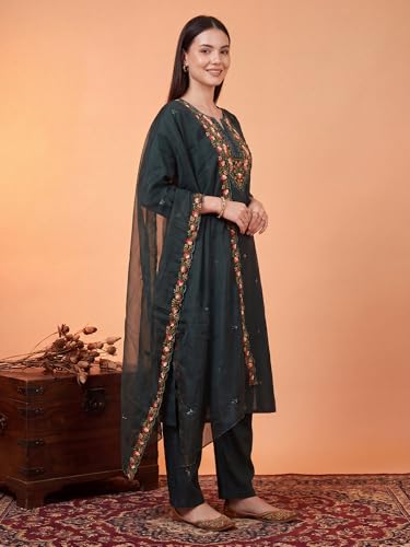 Image of INDO ERA Women's Silk Blend Floral Embroidered Thread Work Kurta & Pant with Dupatta Set